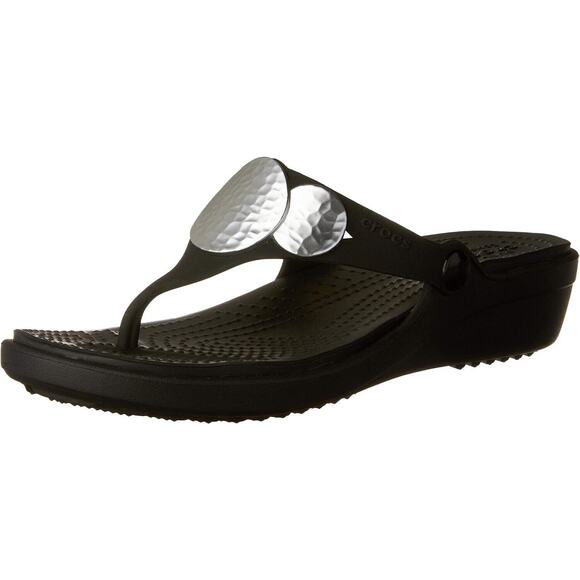Crocs Sanrah Black Embellished Wedge Slip On Flip Flops Sandals Womans Size 10 - Picture 5 of 5